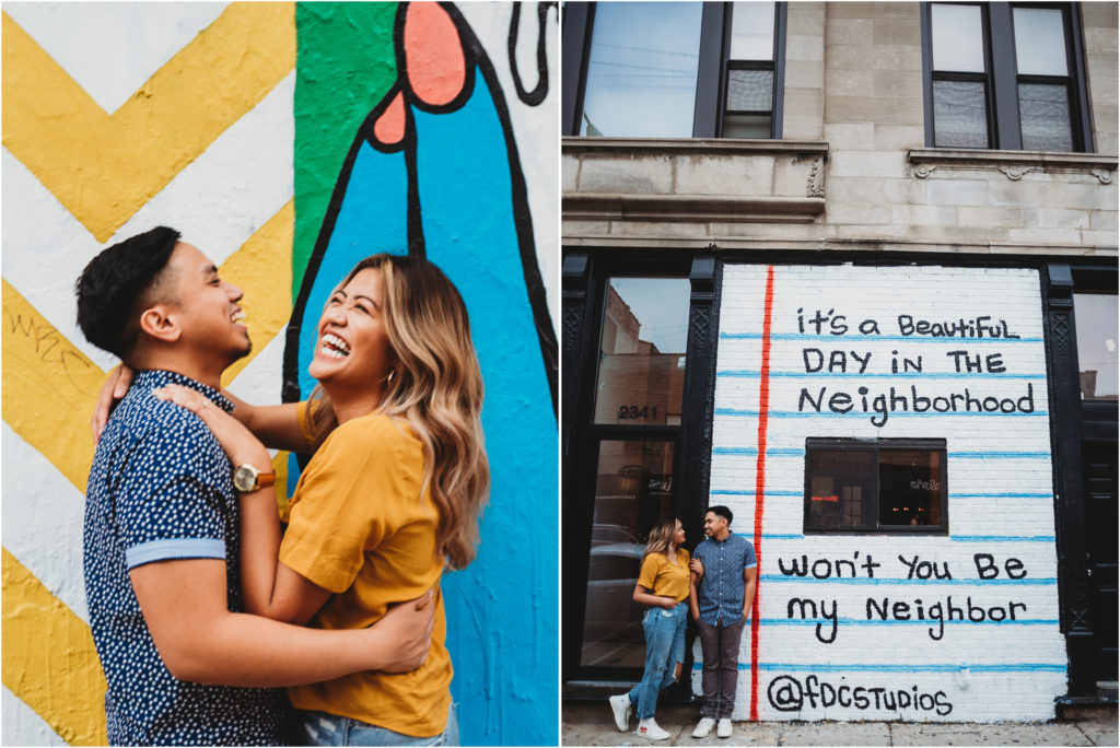 logan square engagement, logan square chicago engagement, logan square murals, logan square, chicago mural engagement, chicago colorful mural engagement, chicago engagement photographer, chicago engagement photography