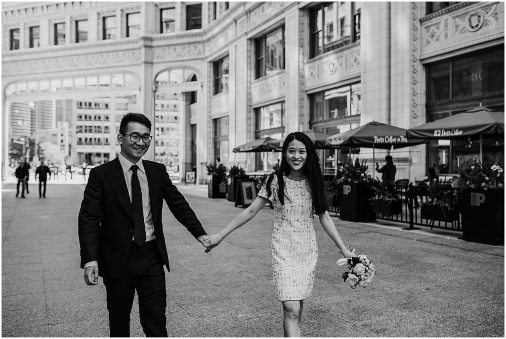 elope in chicago, chicago city hall wedding, chicago courthouse wedding, chicago riverwalk bride groom, chicago board of trade, chicago elopement, chicago wrigley building engagement