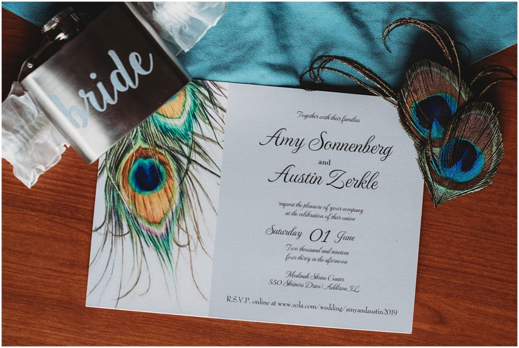 peacock wedding invitation, chicago wedding photographer, unique chicago wedding, bride garter flask