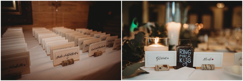 cork placard holders, st charles wedding, candlelit wedding reception