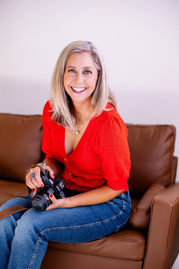 Chicago branding photographer in red sweater