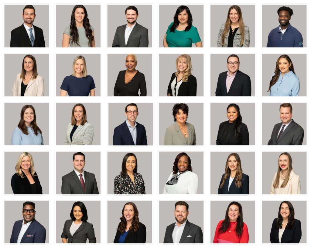 Collage of business headshots in Chicago on light grey background.