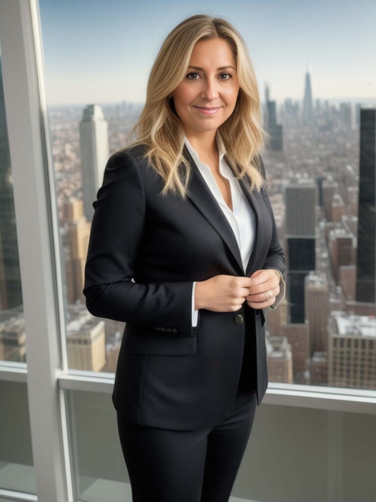 Woman standing in office in black suit