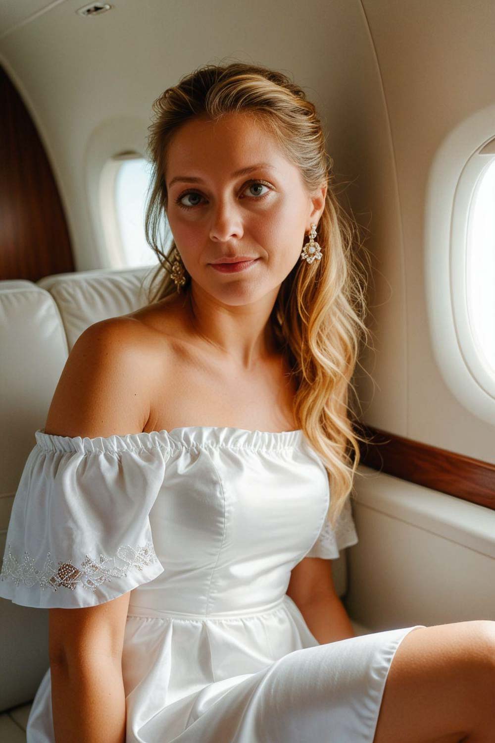 Young woman in private plane with white dress on
