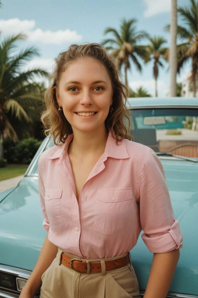 Woman in jungle in pink shirt on