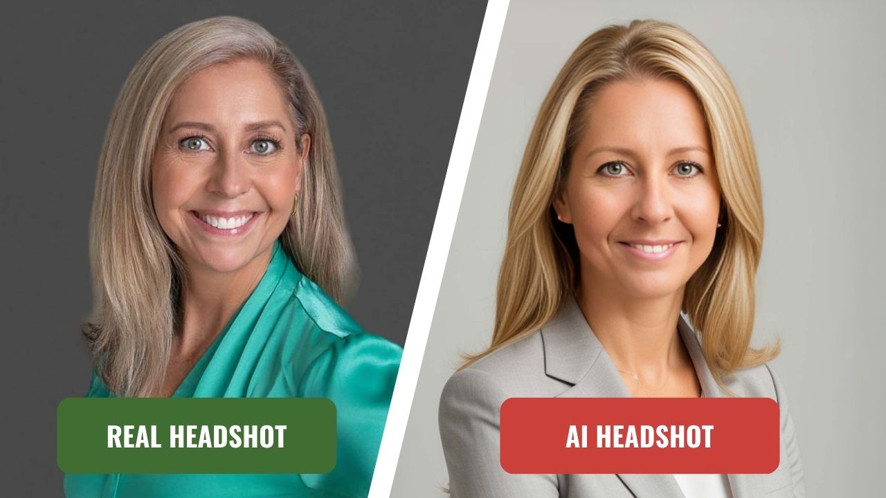 A comparison photo of a real headshot vs an AI generated headshot of the same person. Blog post by a Chicago Professional Headshot Photographer