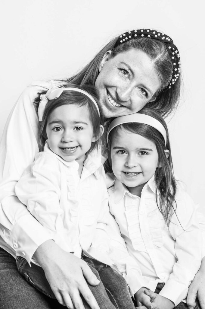 Chicago Mothers Day Photos. Mother with 2 little girls black and white photo